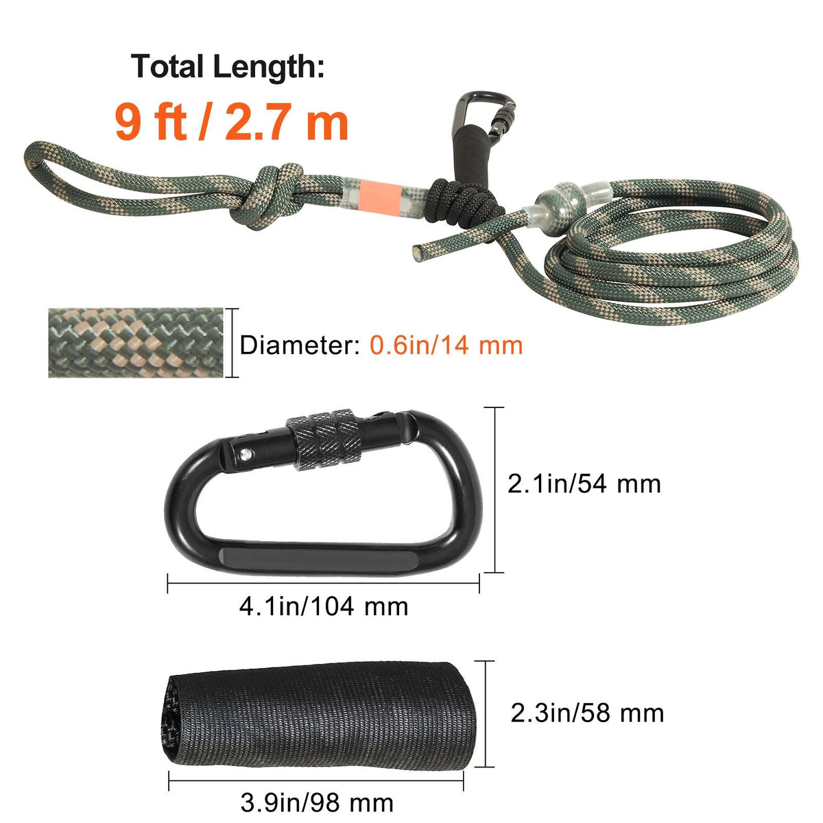 Tree Stand Safety Rope, 9 ft/2.7 M Treestand Lifeline Rope 30KN Breaking Tension, 0.6'' Hunting Safety Line with Prusik Knot, 2pcs Carabiner and Silencer, for Treestrap and Climbing