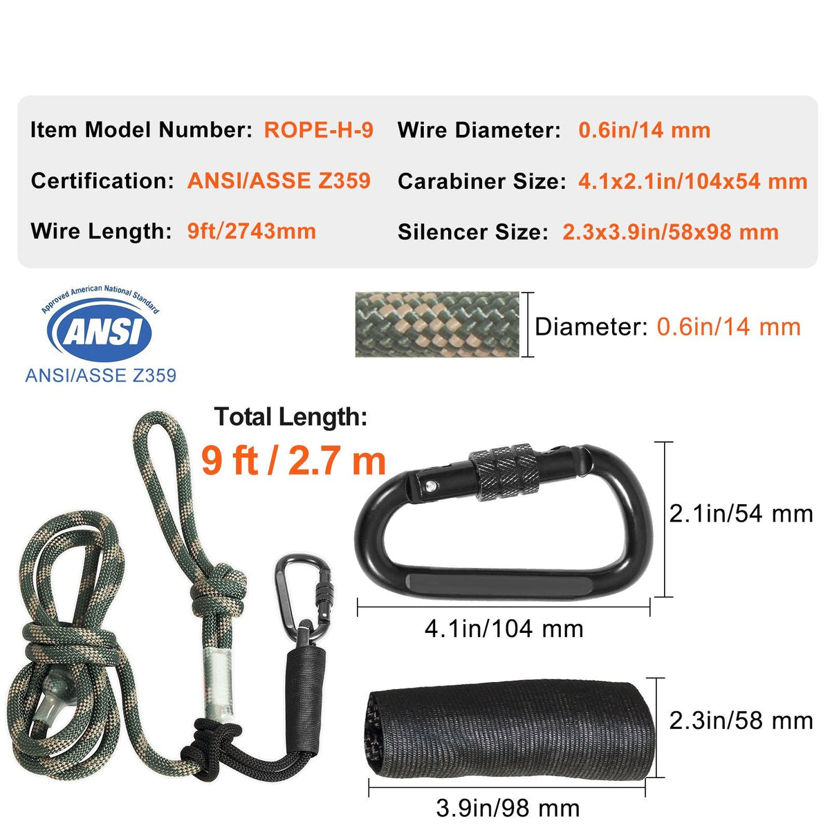 Tree Stand Safety Rope, 9 ft/2.7 M Treestand Lifeline Rope 30KN Breaking Tension, 0.6'' Hunting Safety Line with Prusik Knot, 2pcs Carabiner and Silencer, for Treestrap and Climbing