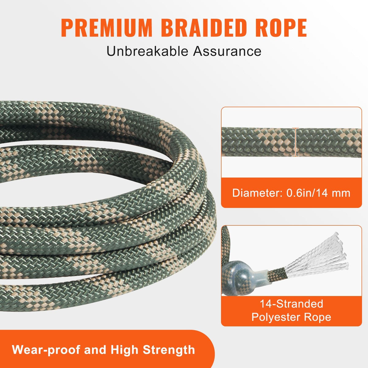 Tree Stand Safety Rope, 9 ft/2.7 M Treestand Lifeline Rope 30KN Breaking Tension, 0.6'' Hunting Safety Line with Prusik Knot, 2pcs Carabiner and Silencer, for Treestrap and Climbing