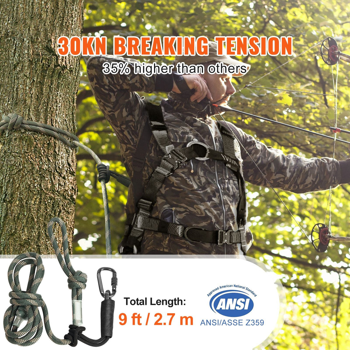 Tree Stand Safety Rope, 9 ft/2.7 M Treestand Lifeline Rope 30KN Breaking Tension, 0.6'' Hunting Safety Line with Prusik Knot, 2pcs Carabiner and Silencer, for Treestrap and Climbing