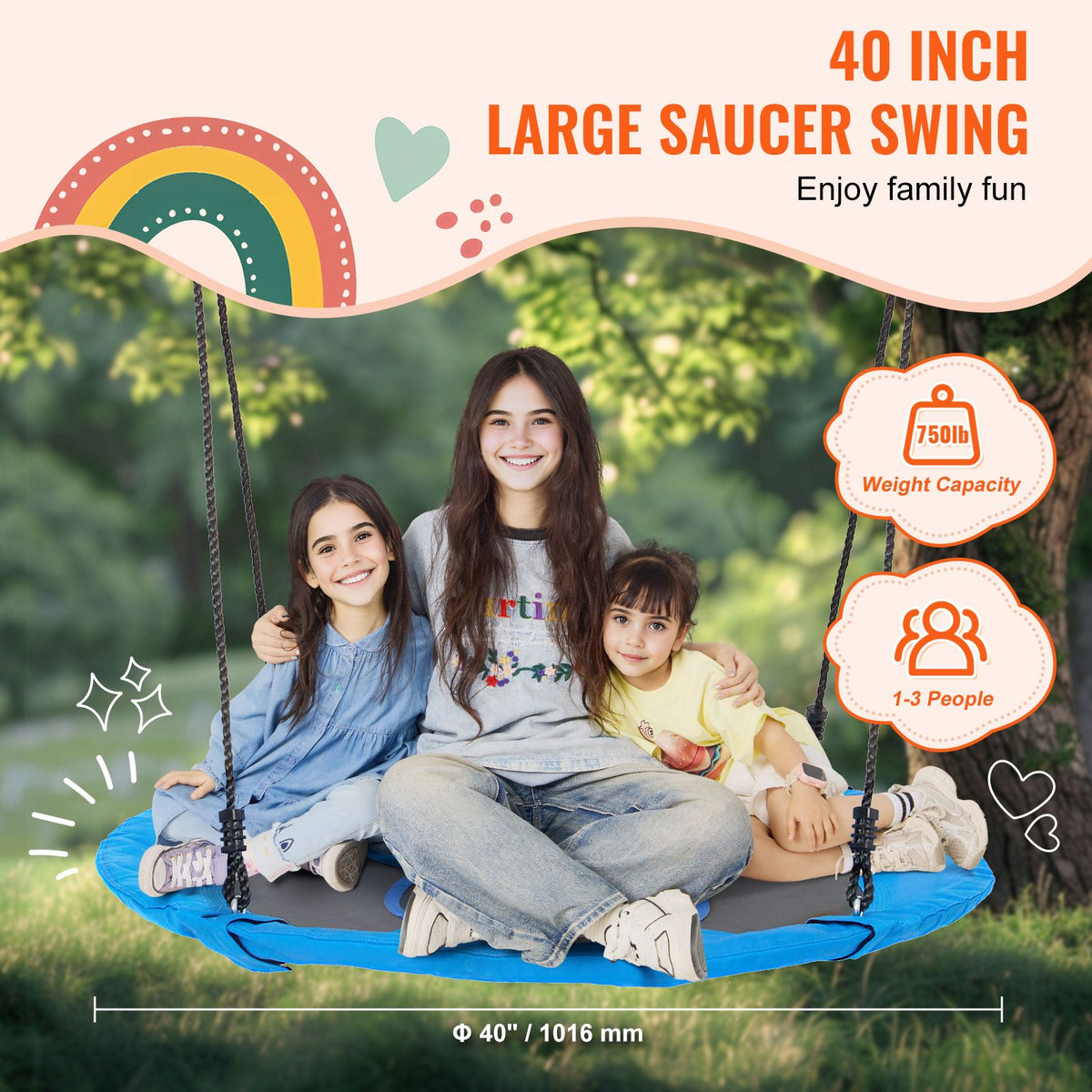 Tree Swing, 40 Inch Saucer Swing, 750lbs Weight Capacity, 900D Oxford Fabric Swing Seat with 2 Tree Hanging Straps and Adjustable Multi-Strand Ropes, Round Swing for Kids Outdoor, Blue