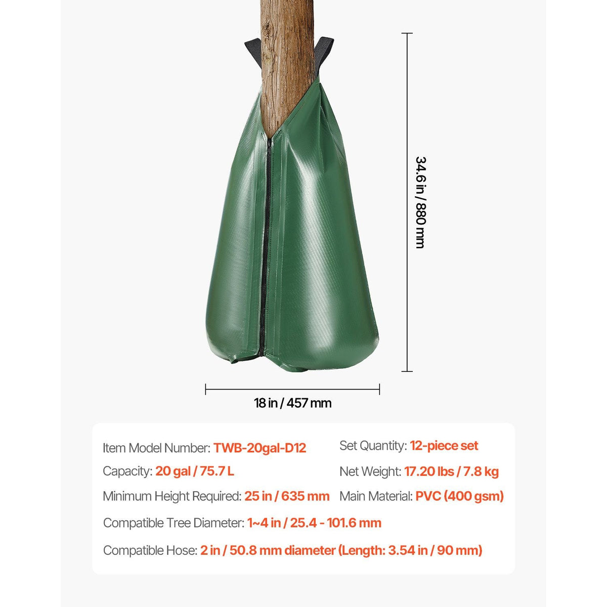 Tree Watering Bag, 12 Packs 20 Gallons Watering Bags for New Trees, 5-9 Hours Slow Release Refillable Tree Drip Irrigation Bags with Zipper, Durable Tree Watering System for Deep Root Targeting