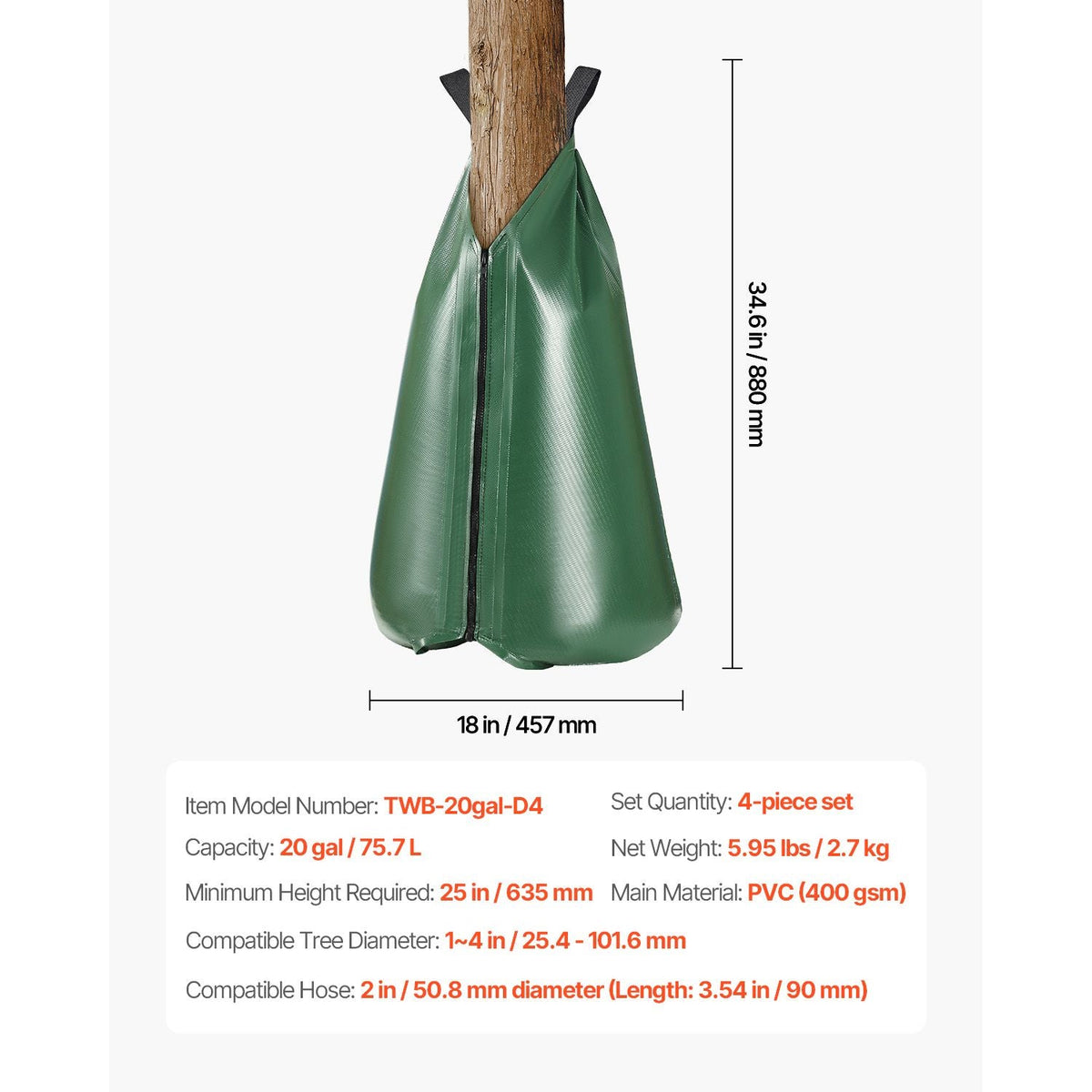 Tree Watering Bag, 4 Packs 20 Gallons Watering Bags for New Trees, 5-9 Hours Slow Release Refillable Tree Drip Irrigation Bags with Zipper, Durable Tree Watering System for Deep Root Targeting