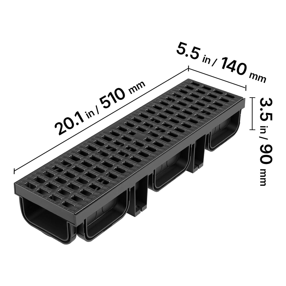 Trench Drain, 20.1 x 5.5 x 3.5 in, 6 Pack Linear Drainage Channel, HDPE Channel Drain with Grates & End Caps, Premium Outdoor Drainage System for Driveway, Patio, Pool, Garden, Yard, Black