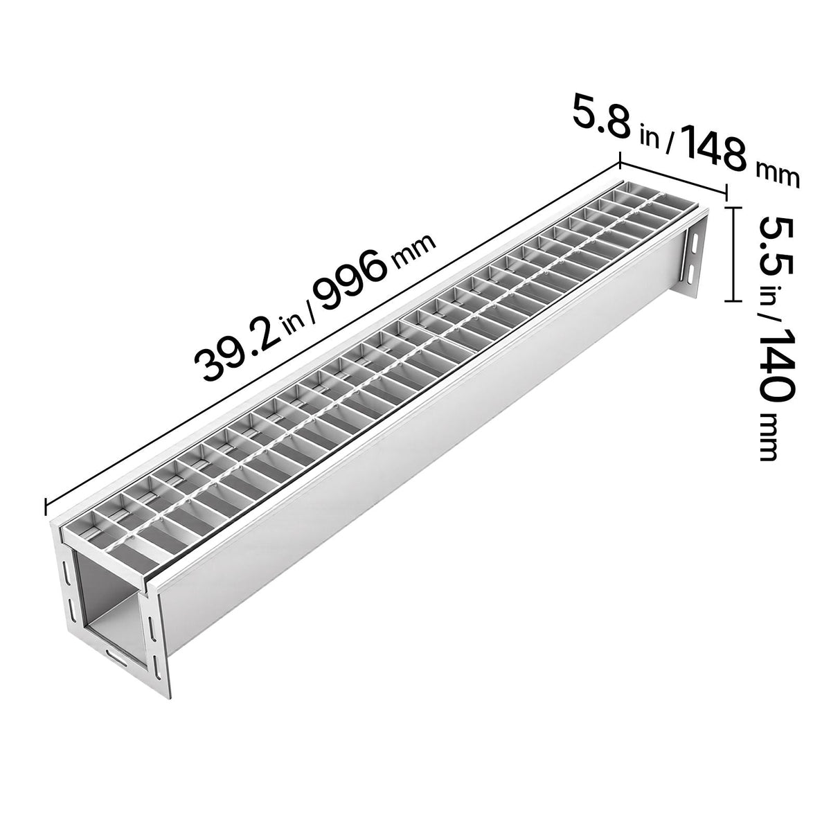 Trench Drain, 39.3 x 5.8 x 5.5 in, Linear Drainage Channel with Galvanized Steel Grate, 304 Stainless Steel Channel Drain, Outdoor Drainage System for Driveway, Patio, Pool, Garden, Silver
