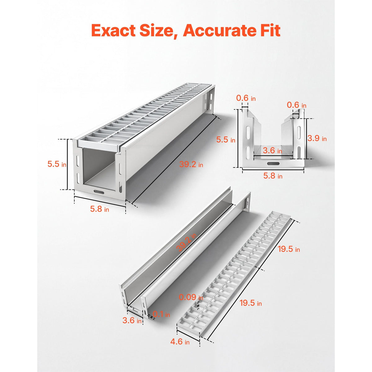 Trench Drain, 39.3 x 5.8 x 5.5 in, Linear Drainage Channel with Galvanized Steel Grate, 304 Stainless Steel Channel Drain, Outdoor Drainage System for Driveway, Patio, Pool, Garden, Silver