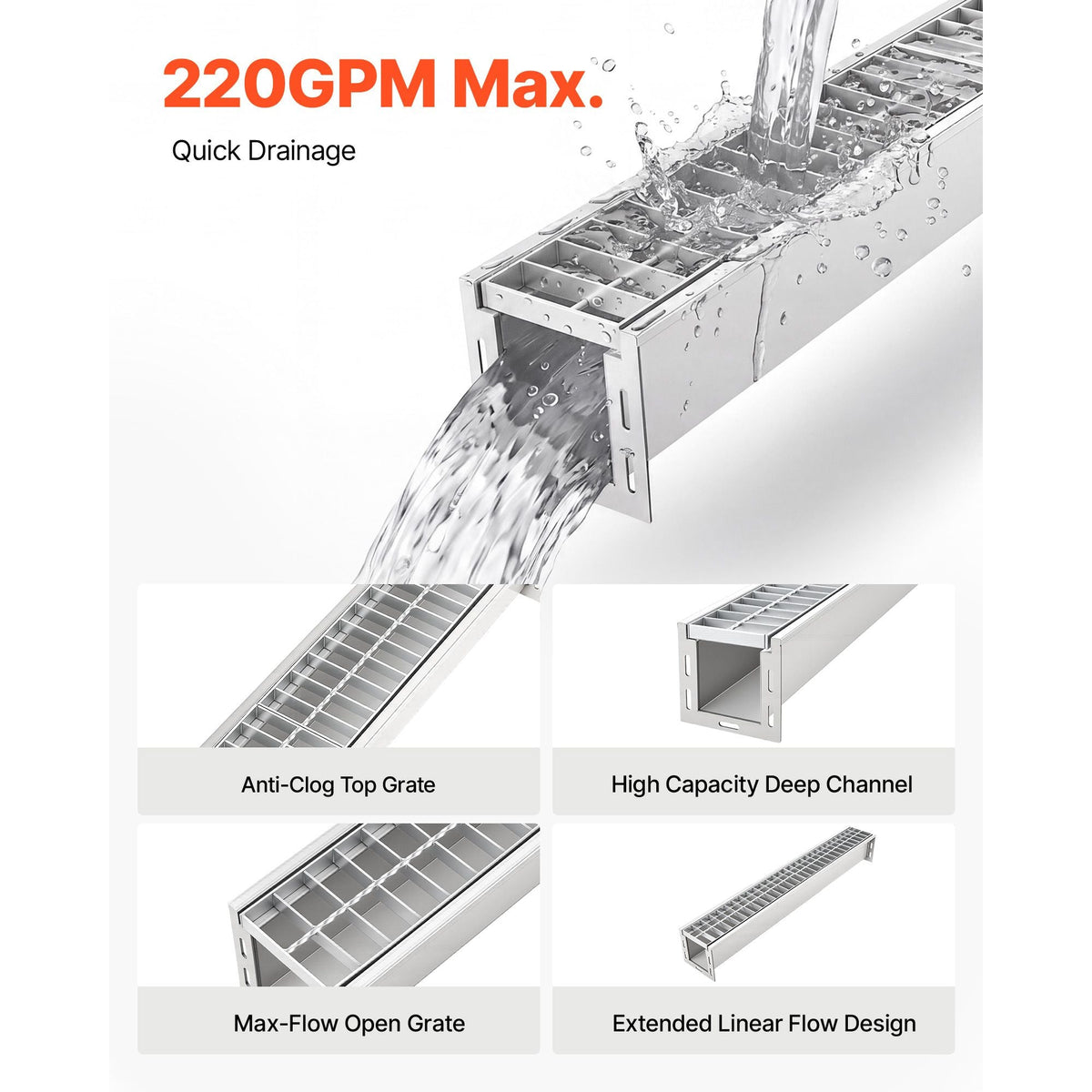 Trench Drain, 39.3 x 5.8 x 5.5 in, Linear Drainage Channel with Galvanized Steel Grate, 304 Stainless Steel Channel Drain, Outdoor Drainage System for Driveway, Patio, Pool, Garden, Silver
