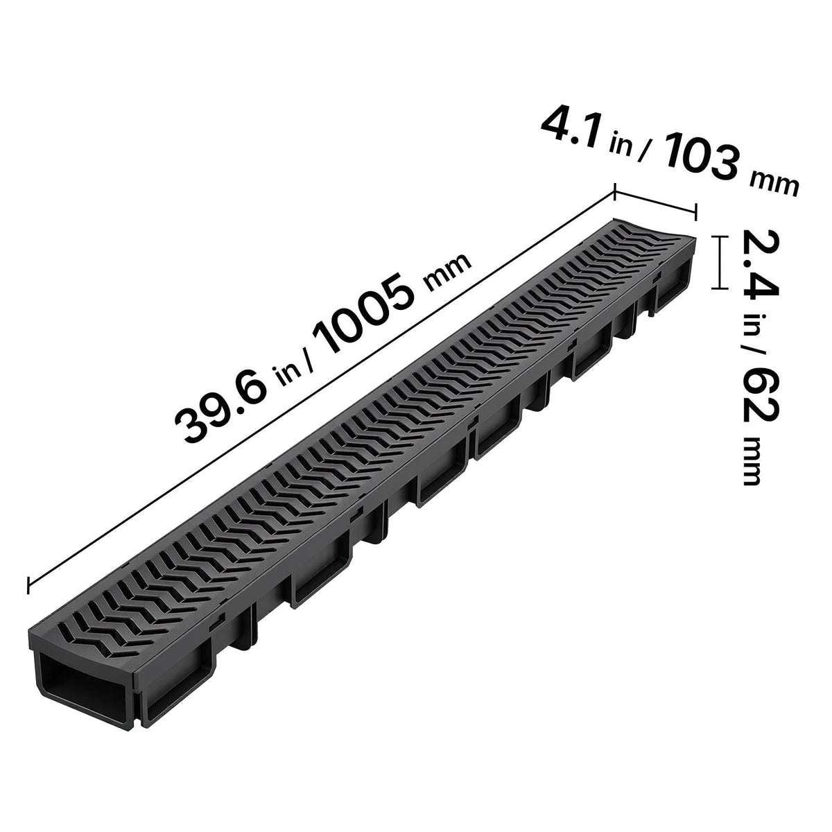 Trench Drain, 39.6 x 4.1 x 2.4 in, 5 Pack Linear Drainage Channel, HDPE Channel Drain with Grates & End Caps, Premium Outdoor Drainage System for Driveway, Patio, Pool, Garden, Yard, Black