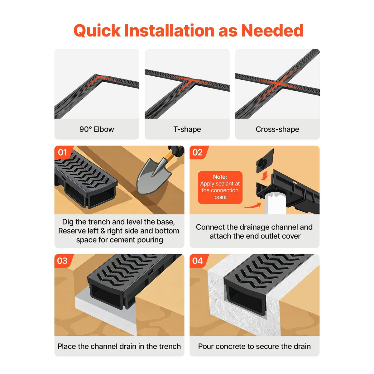 Trench Drain, 39.6 x 4.1 x 2.4 in, 5 Pack Linear Drainage Channel, HDPE Channel Drain with Grates & End Caps, Premium Outdoor Drainage System for Driveway, Patio, Pool, Garden, Yard, Black