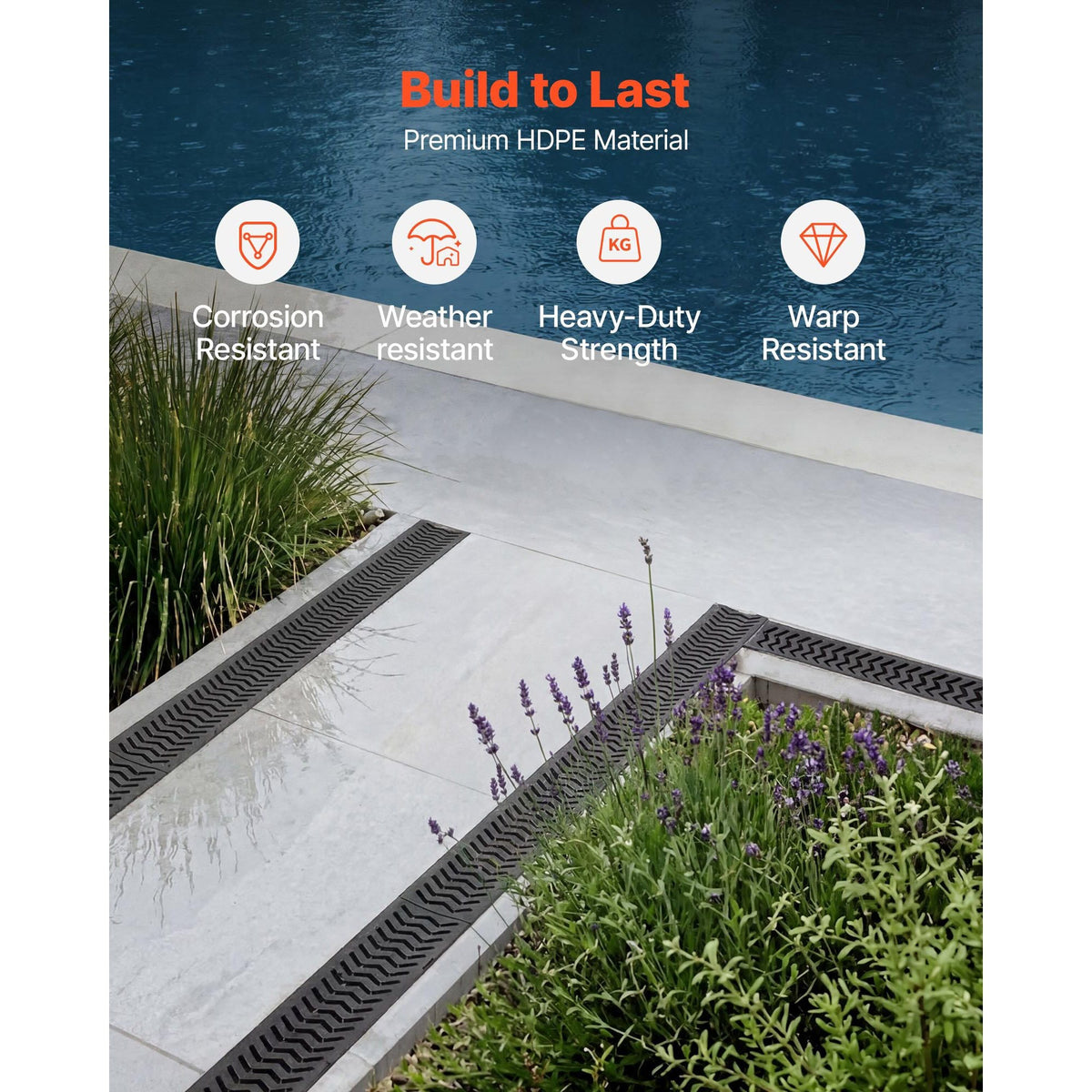 Trench Drain, 39.6 x 4.1 x 2.4 in, 6 Pack Linear Drainage Channel, HDPE Channel Drain with Grates & End Caps, Premium Outdoor Drainage System for Driveway, Patio, Pool, Garden, Yard, Black