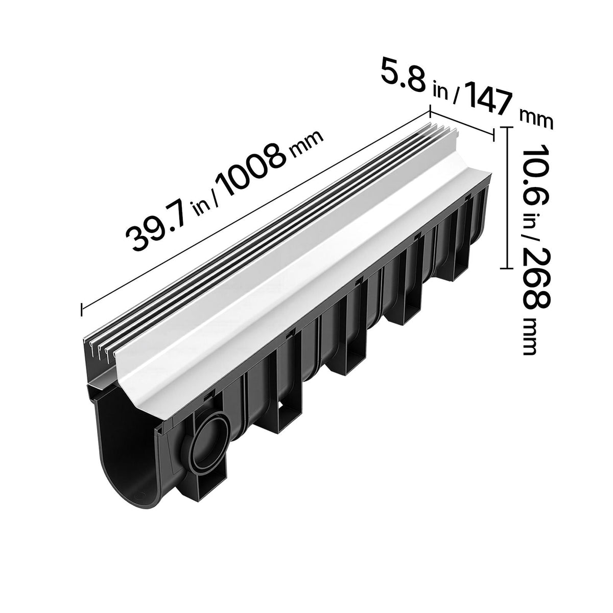 Trench Drain, 39.7 x 5.8 x 7.4 in, 3 Pack Linear Drainage Channel with Stainless Steel Grate, HDPE Channel Drain, Outdoor Drainage System for Driveway, Patio, Pool, Garden, Black & Silver