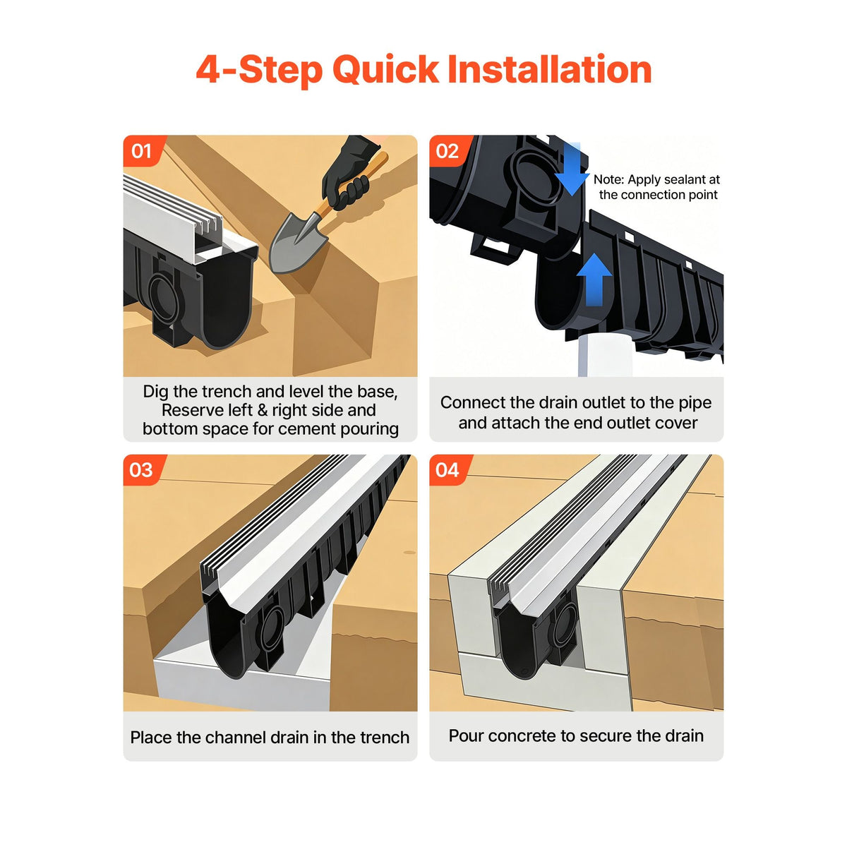 Trench Drain, 39.7 x 5.8 x 7.4 in, 3 Pack Linear Drainage Channel with Stainless Steel Grate, HDPE Channel Drain, Outdoor Drainage System for Driveway, Patio, Pool, Garden, Black & Silver