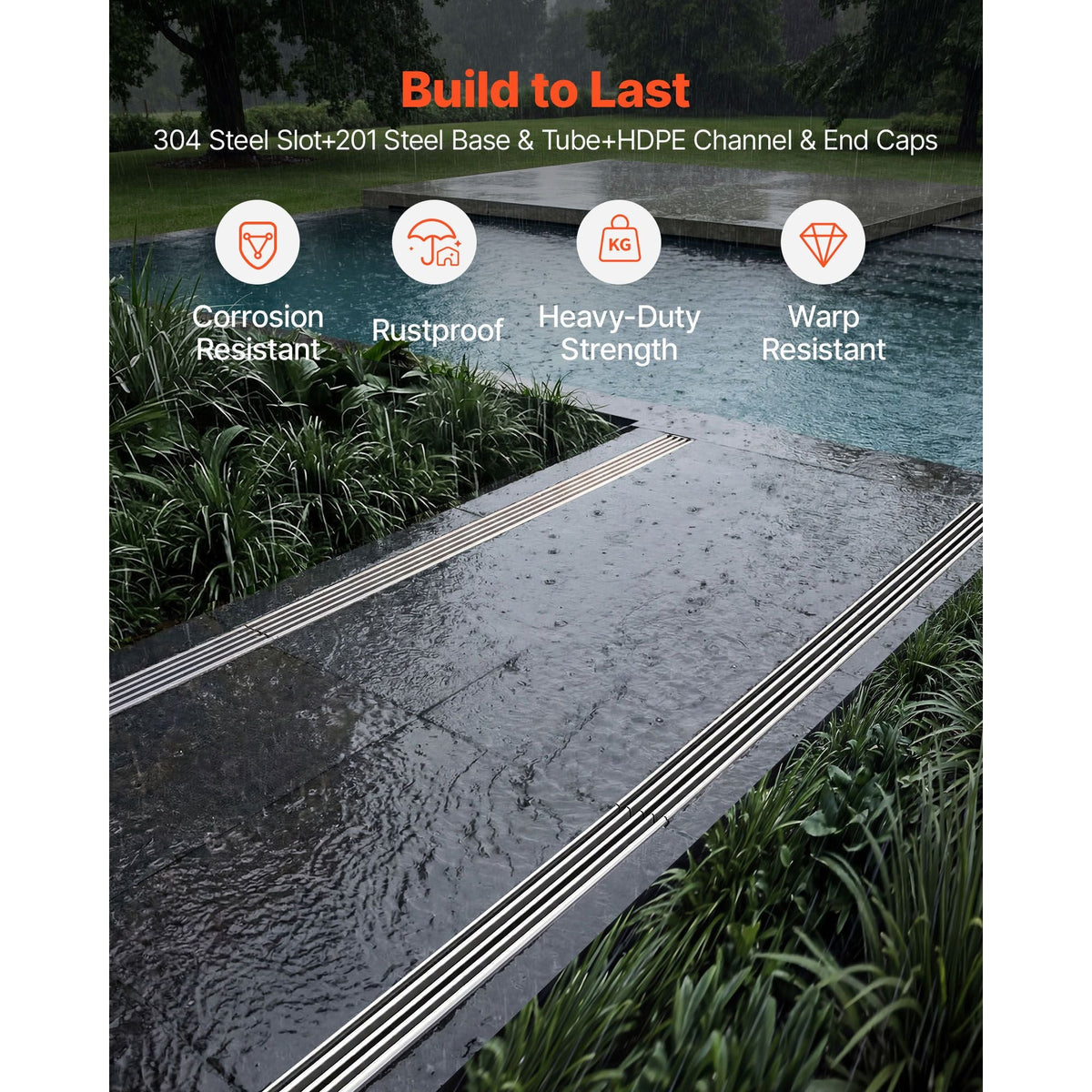Trench Drain, 39.7 x 5.8 x 7.4 in, 3 Pack Linear Drainage Channel with Stainless Steel Grate, HDPE Channel Drain, Outdoor Drainage System for Driveway, Patio, Pool, Garden, Black & Silver