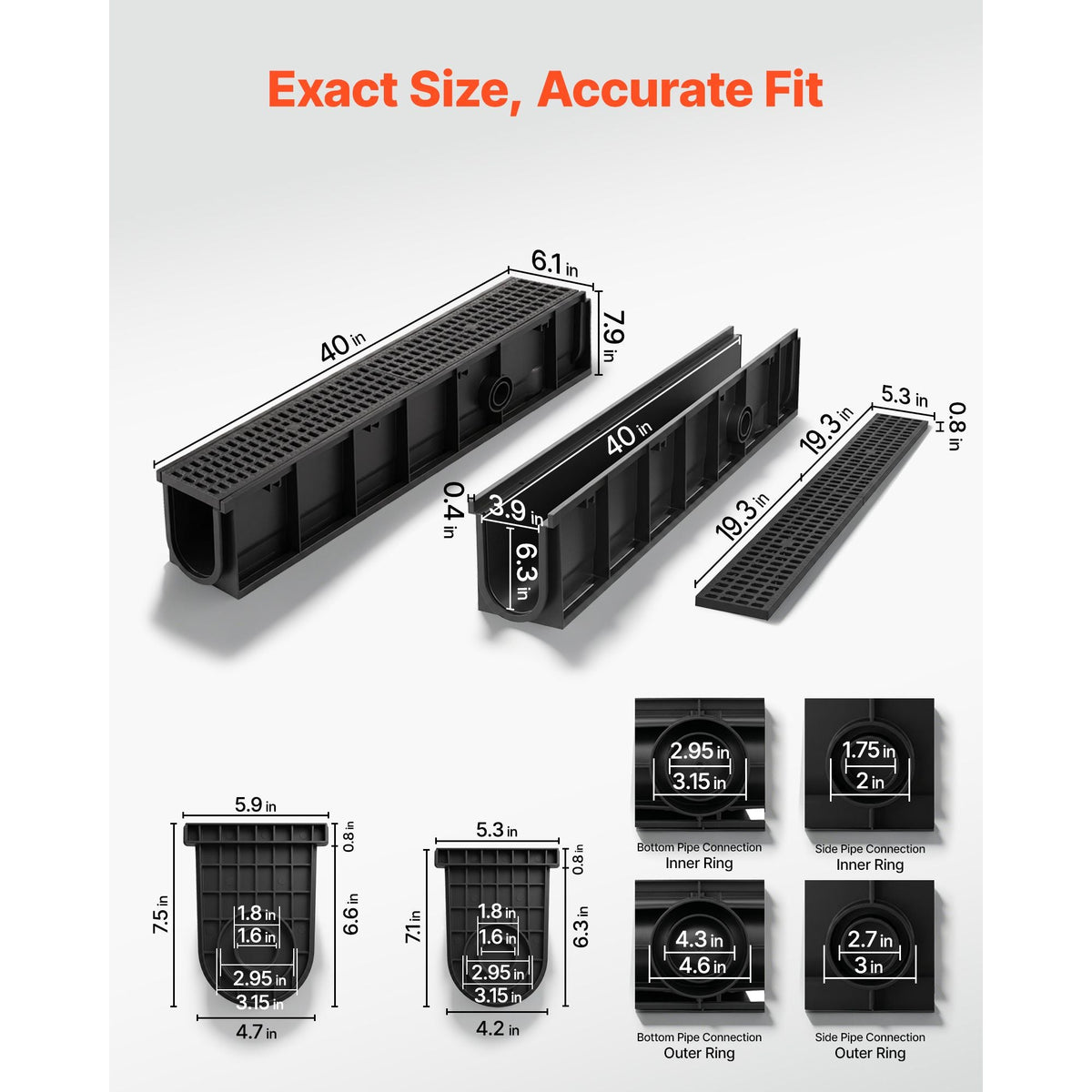 Trench Drain, 40.1 x 6.1 x 8.0 in, 4 Pack Linear Drainage Channel, HDPE Channel Drain with Grates & End Caps, Premium Outdoor Drainage System for Driveway, Patio, Pool, Garden, Yard, Black