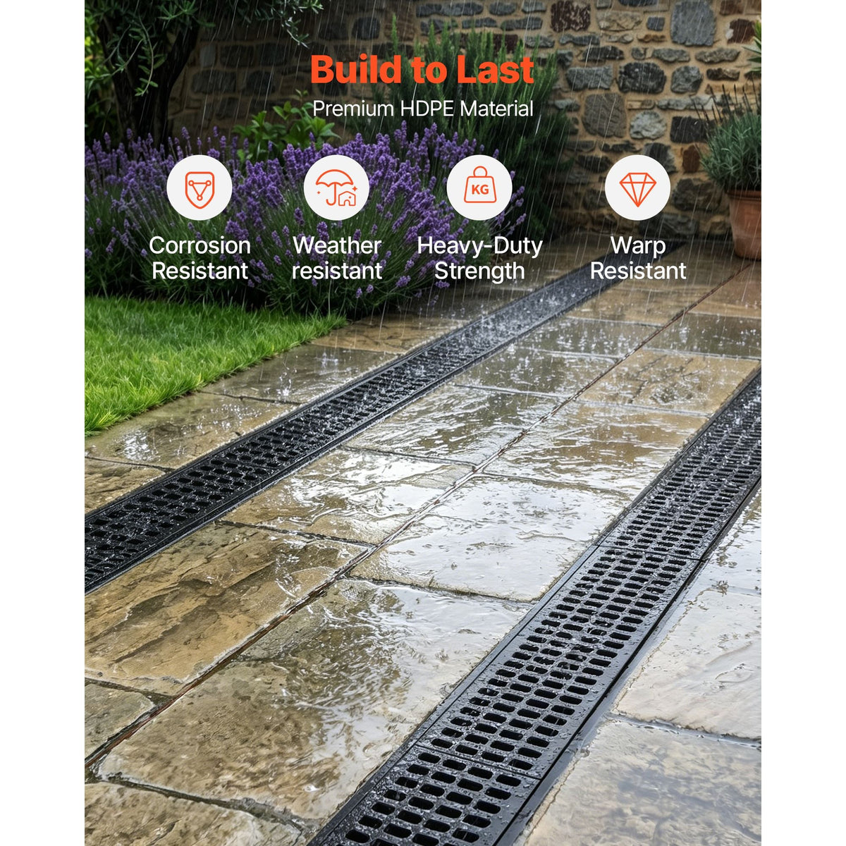 Trench Drain, 40.2 x 6.6 x 5.5 in, 3 Pack Linear Drainage Channel, HDPE Channel Drain with Grates & End Caps, Premium Outdoor Drainage System for Driveway, Patio, Pool, Garden, Yard, Black