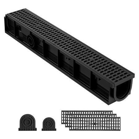 Trench Drain, 40.2 x 6.6 x 5.5 in, 6 Pack Linear Drainage Channel, HDPE Channel Drain with Grates & End Caps, Premium Outdoor Drainage System for Driveway, Patio, Pool, Garden, Yard, Black