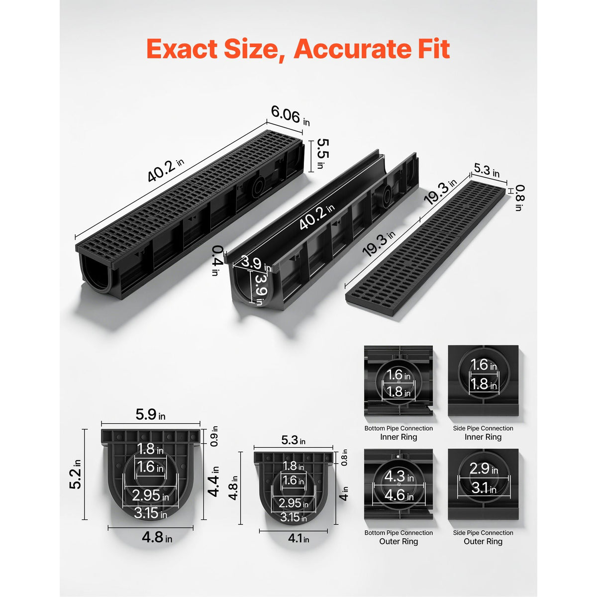 Trench Drain, 40.2 x 6.6 x 5.5 in, 6 Pack Linear Drainage Channel, HDPE Channel Drain with Grates & End Caps, Premium Outdoor Drainage System for Driveway, Patio, Pool, Garden, Yard, Black