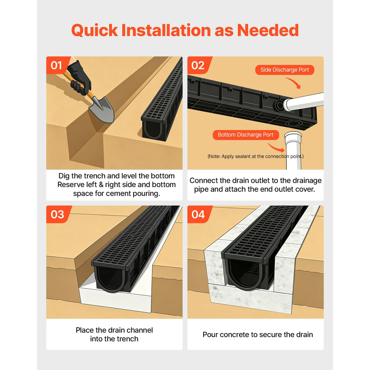 Trench Drain, 40.2 x 6.6 x 5.5 in, 6 Pack Linear Drainage Channel, HDPE Channel Drain with Grates & End Caps, Premium Outdoor Drainage System for Driveway, Patio, Pool, Garden, Yard, Black