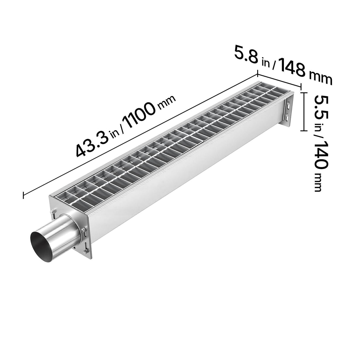 Trench Drain, 43.3 x 5.8 x 5.5 in, Linear Drainage Channel with Carbon Steel Grate, 304 Stainless Steel Channel Drain, Premium Outdoor Drainage System for Driveway, Patio, Pool, Garden, Silver