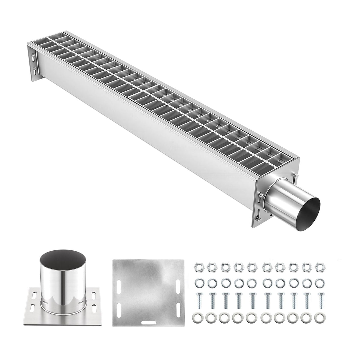 Trench Drain, 43.3 x 5.8 x 5.5 in, Linear Drainage Channel with Carbon Steel Grate, 304 Stainless Steel Channel Drain, Premium Outdoor Drainage System for Driveway, Patio, Pool, Garden, Silver