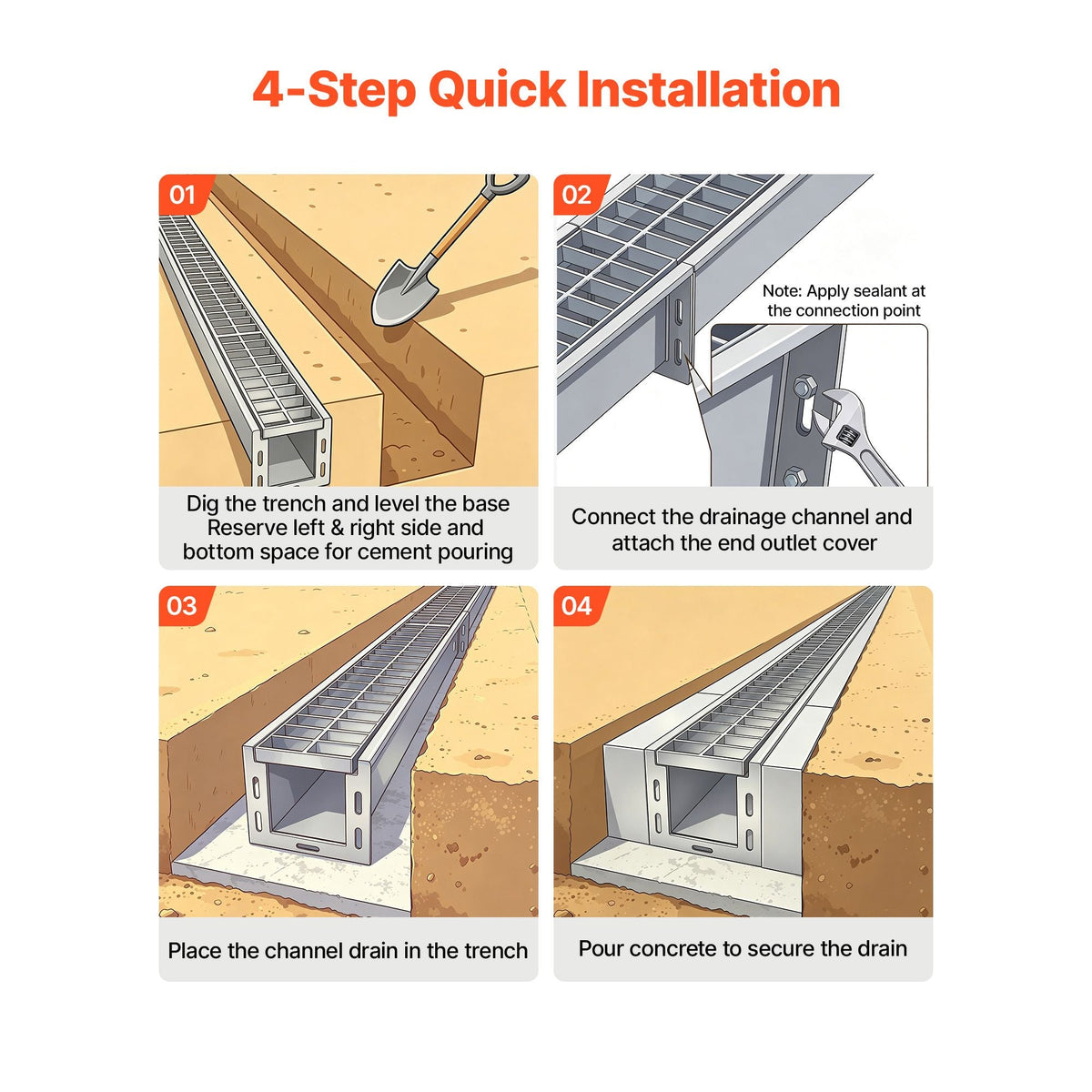 Trench Drain, 43.3 x 5.8 x 5.5 in, Linear Drainage Channel with Carbon Steel Grate, 304 Stainless Steel Channel Drain, Premium Outdoor Drainage System for Driveway, Patio, Pool, Garden, Silver