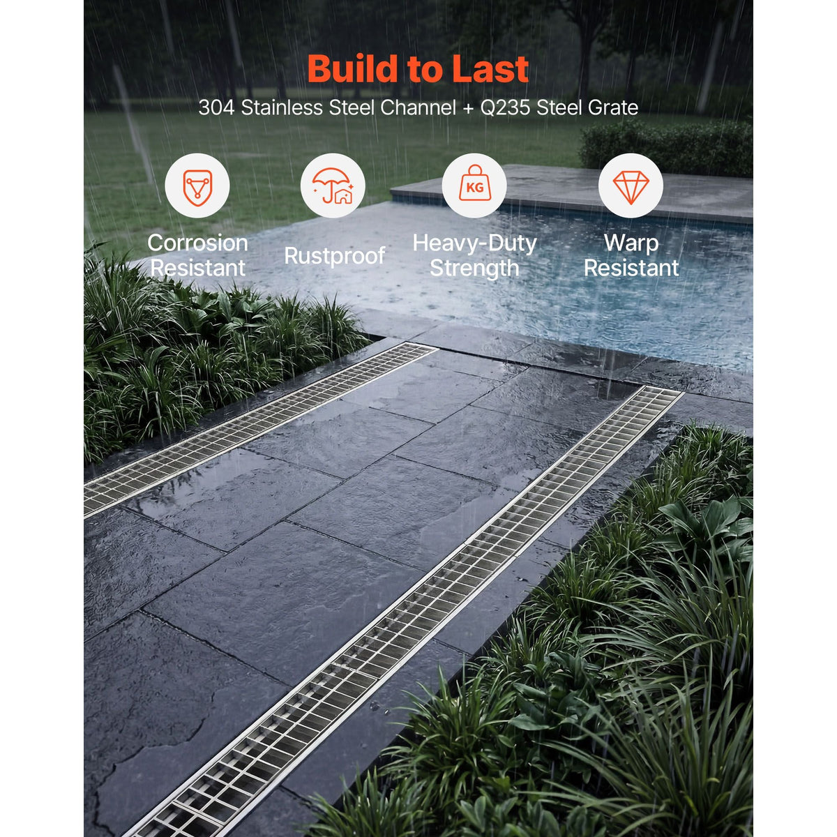 Trench Drain, 43.3 x 5.8 x 5.5 in, Linear Drainage Channel with Carbon Steel Grate, 304 Stainless Steel Channel Drain, Premium Outdoor Drainage System for Driveway, Patio, Pool, Garden, Silver