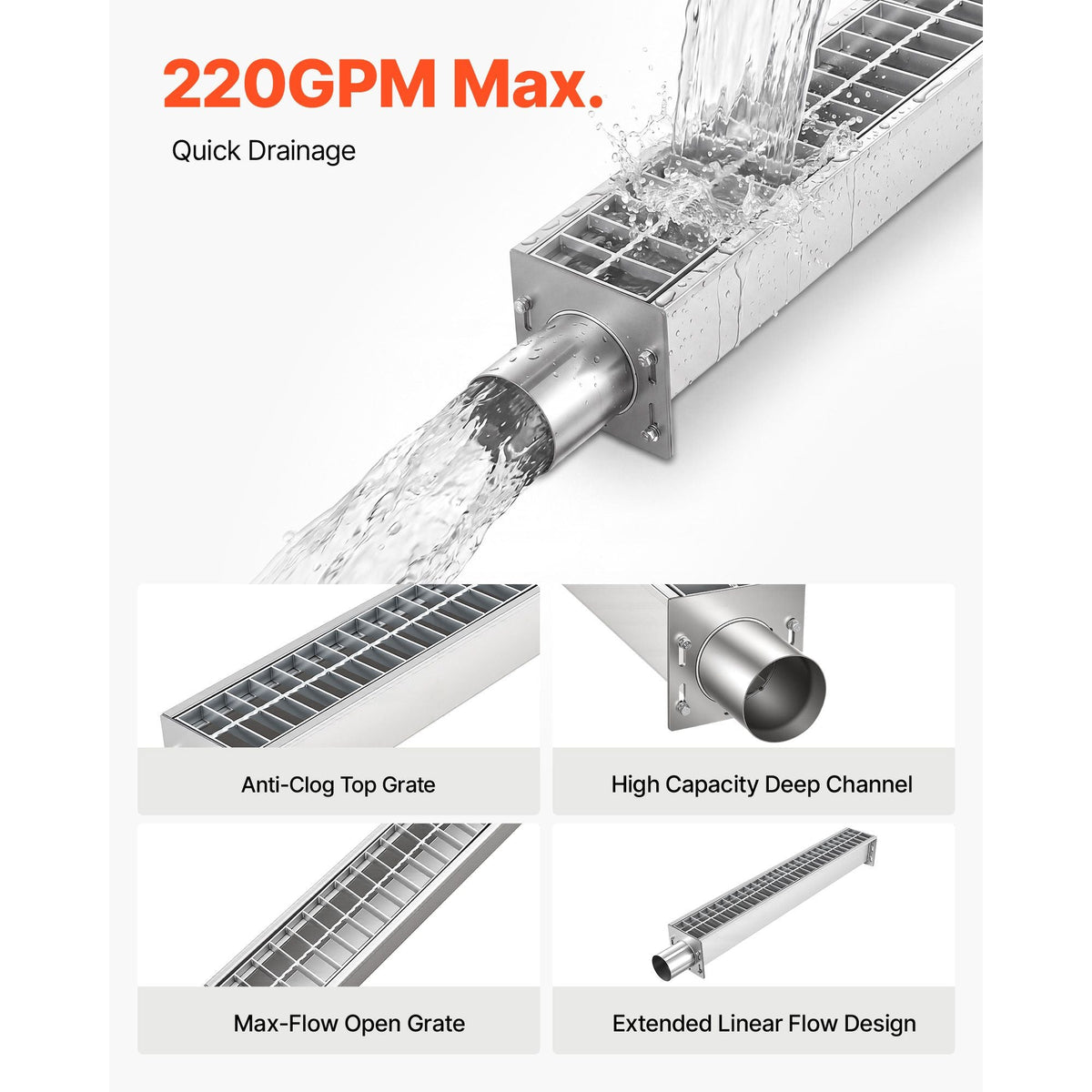 Trench Drain, 43.3 x 5.8 x 5.5 in, Linear Drainage Channel with Carbon Steel Grate, 304 Stainless Steel Channel Drain, Premium Outdoor Drainage System for Driveway, Patio, Pool, Garden, Silver