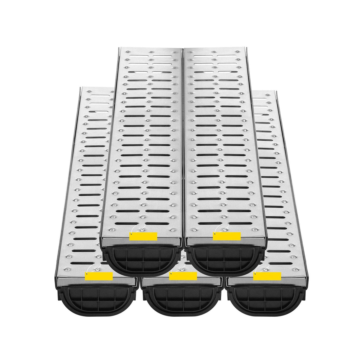 Trench Drain System, Channel Drain with Metal Grate, 5.7x3.1-Inch HDPE Drainage Trench, Black Plastic Garage Floor Drain, 5x39 Trench Drain Grate, with 5 End Caps, for Garden, Driveway-5 Pack