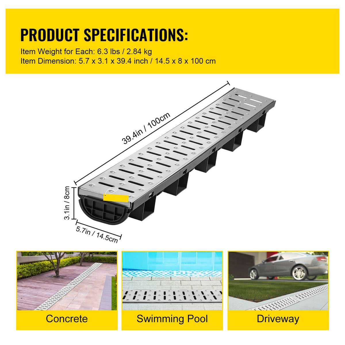 Trench Drain System, Channel Drain with Metal Grate, 5.7x3.1-Inch HDPE Drainage Trench, Black Plastic Garage Floor Drain, 5x39 Trench Drain Grate, with 5 End Caps, for Garden, Driveway-5 Pack