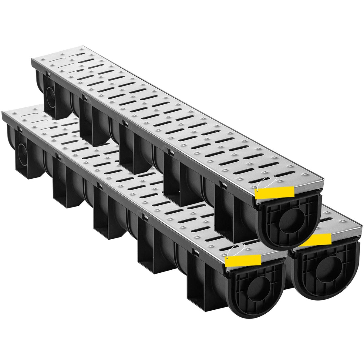 Trench Drain System, Channel Drain with Metal Grate, 5.9x5.1-Inch HDPE Drainage Trench, Black Plastic Garage Floor Drain, 3x39 Trench Drain Grate, with 3 End Caps, for Garden, Driveway-3 Pack