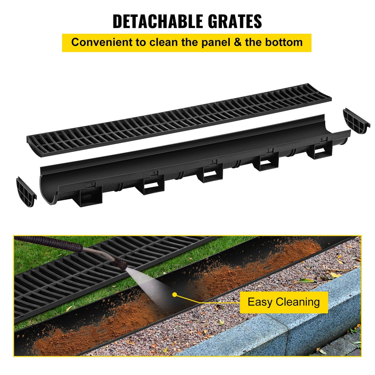 Trench Drain System, Channel Drain with Plastic Grate, 5.7x3.1-Inch HDPE Drainage Trench, Black Plastic Garage Floor Drain, 4x39 Trench Drain Grate, with 4 End Caps, for Garden, Driveway-4 Pack