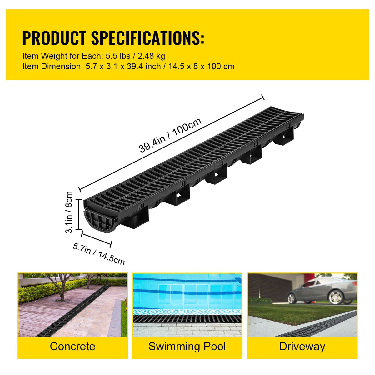 Trench Drain System, Channel Drain with Plastic Grate, 5.7x3.1-Inch HDPE Drainage Trench, Black Plastic Garage Floor Drain, 4x39 Trench Drain Grate, with 4 End Caps, for Garden, Driveway-4 Pack