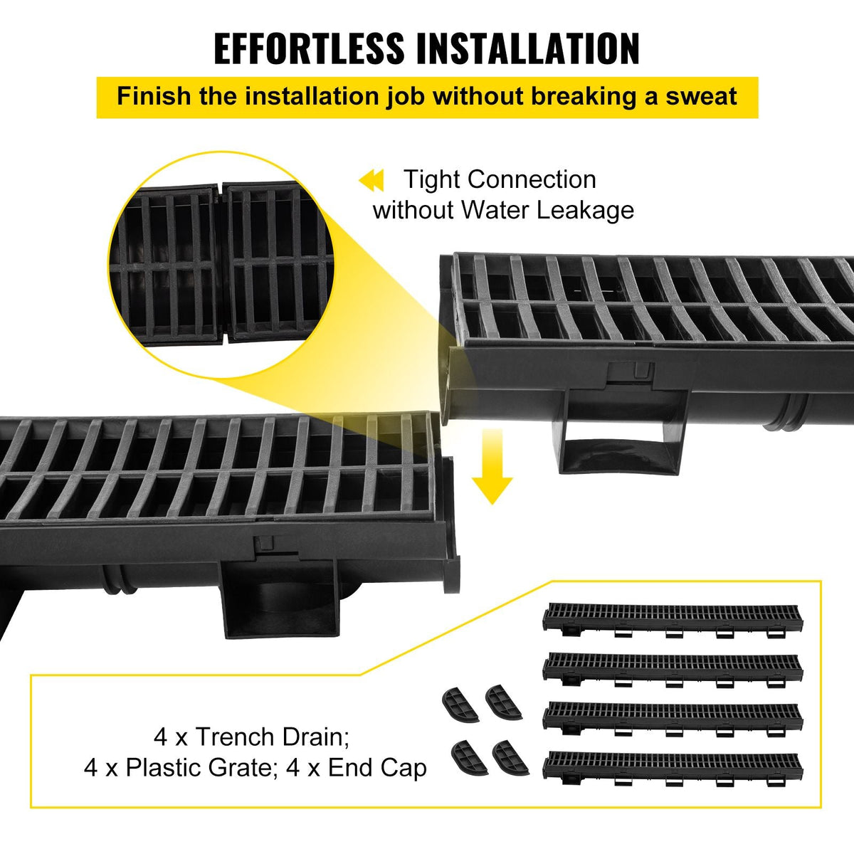 Trench Drain System, Channel Drain with Plastic Grate, 5.7x3.1-Inch HDPE Drainage Trench, Black Plastic Garage Floor Drain, 4x39 Trench Drain Grate, with 4 End Caps, for Garden, Driveway-4 Pack
