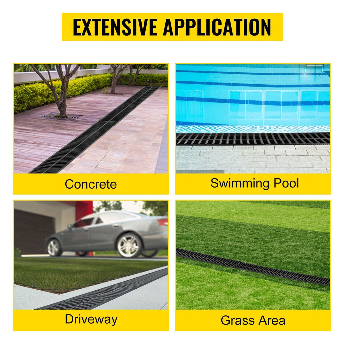 Trench Drain System, Channel Drain with Plastic Grate, 5.7x3.1-Inch HDPE Drainage Trench, Black Plastic Garage Floor Drain, 5x39 Trench Drain Grate, with 5 End Caps, for Garden, Driveway-5 Pack
