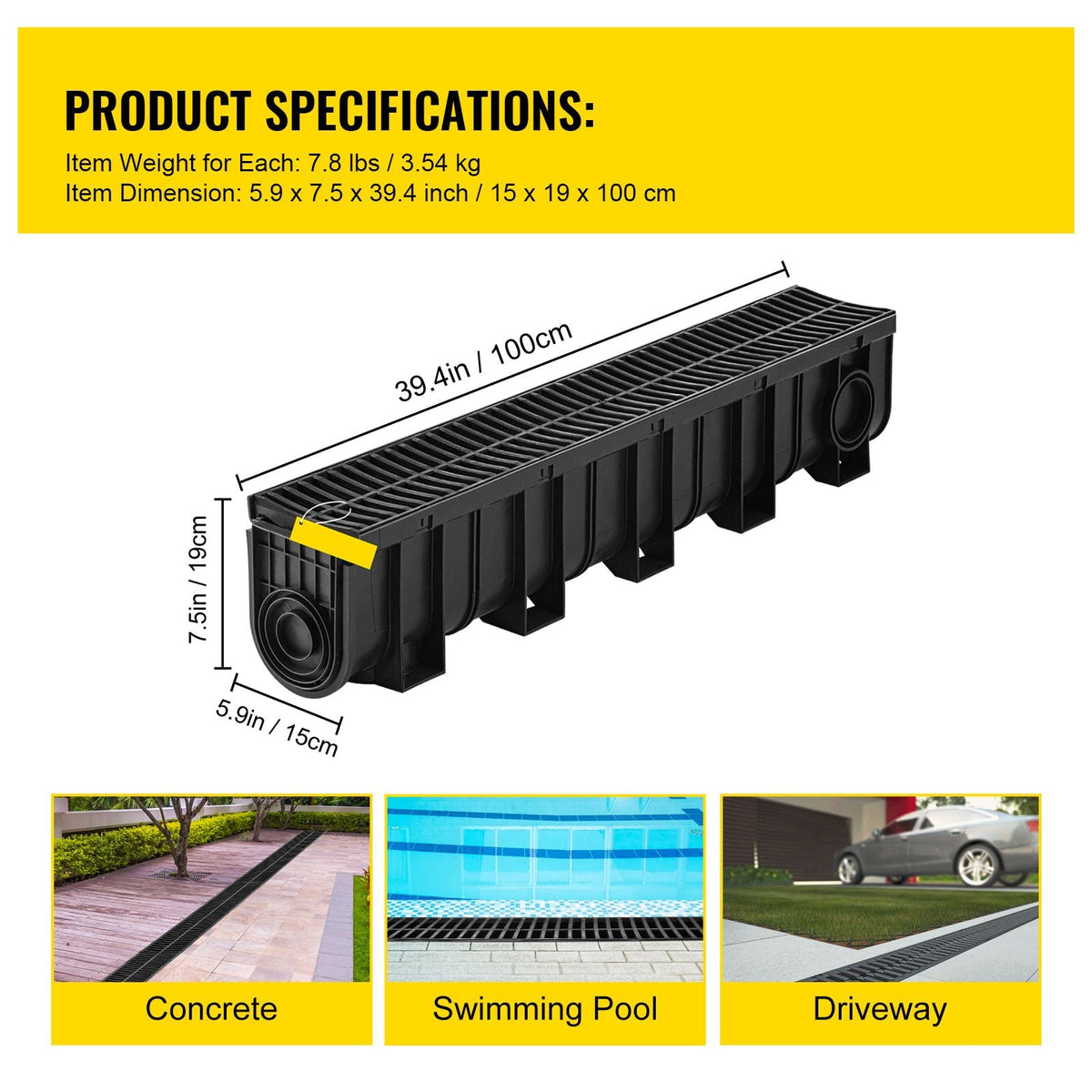 Trench Drain System, Channel Drain with Plastic Grate, 5.9x7.5-Inch HDPE Drainage Trench, Black Plastic Garage Floor Drain, 4x39 Trench Drain Grate, with 4 End Caps, for Garden, Driveway-4 Pack