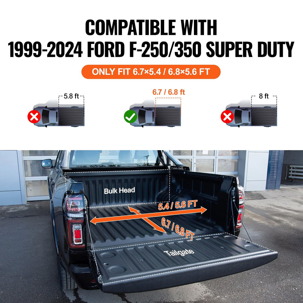 Tri-Fold Truck Bed Tonneau Cover, Compatible with 1999-2024 Ford F-250 F-350 Super Duty, Styleside 6.75' (81", 82") Bed, Fit 6.7' x 5.4'/6.8' x 5.6' Inside Bed, 400 lbs Load Capacity, Black