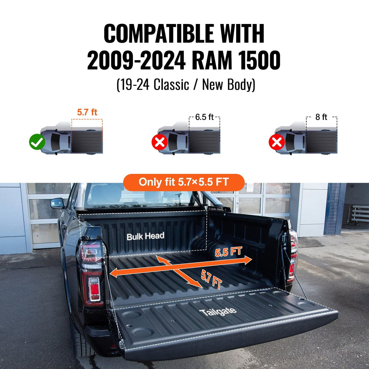 Tri-Fold Truck Bed Tonneau Cover, Compatible with 2009-2024 Ram 1500 (19-24 Classic/New Body), Fleetside 5.7' (67.4") Bed Without Rambox, Fit 5.7' x 5.5' Inside Bed, 400 lbs Load Capacity, Black