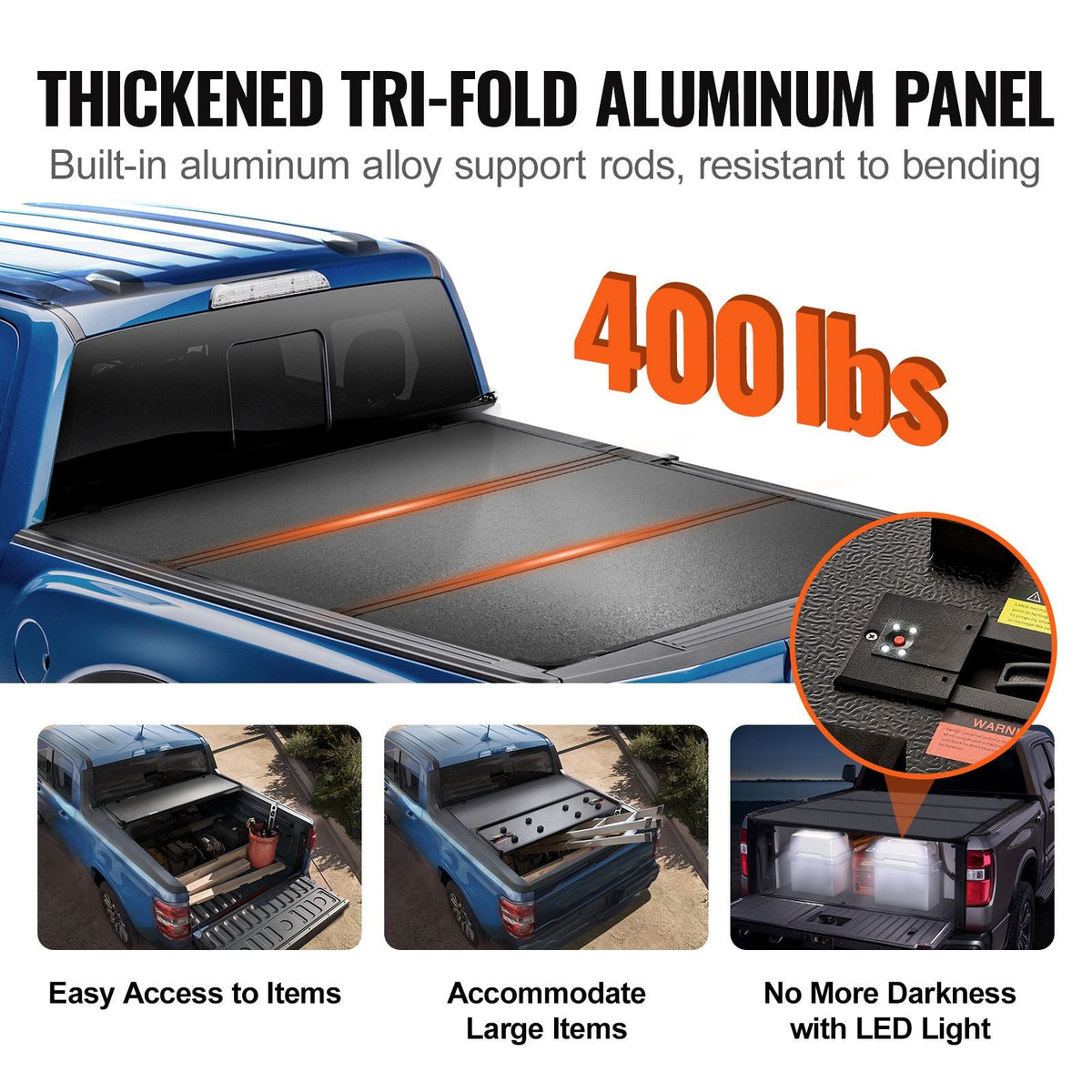 Tri-Fold Truck Bed Tonneau Cover, Compatible with 2009-2024 Ram 1500 (19-24 Classic/New Body), Fleetside 5.7' (67.4") Bed Without Rambox, Fit 5.7' x 5.5' Inside Bed, 400 lbs Load Capacity, Black