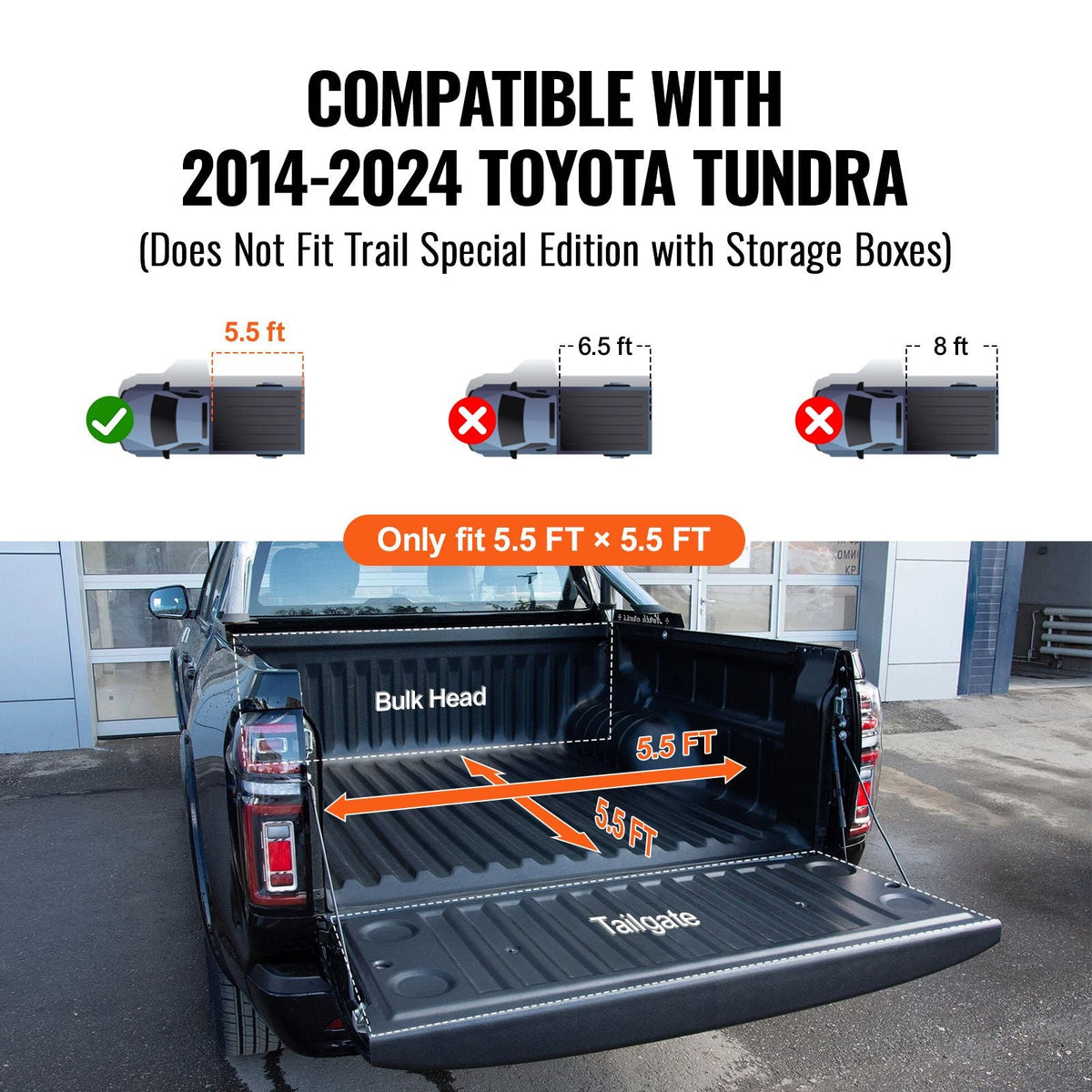 Tri-Fold Truck Bed Tonneau Cover, Compatible with 2014-2024 Toyota Tundra (NOT FIT Trail Special Edition with Storage Boxes), Fleetside 5.5' (67") Short Bed 2023, 400 lbs Load Capacity, Black
