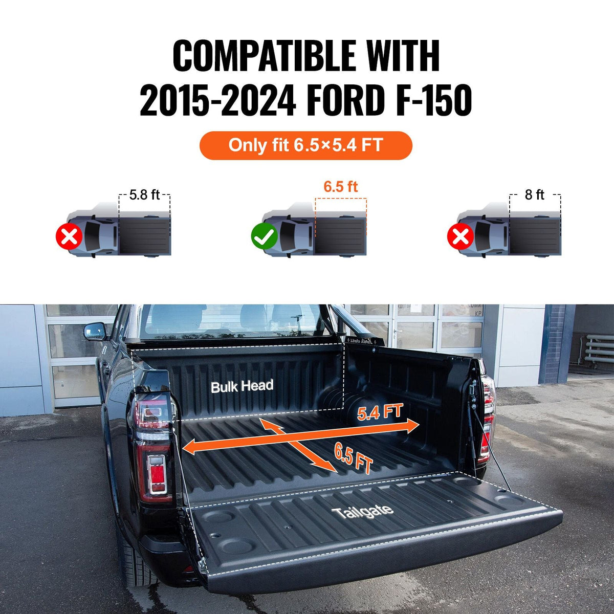 Tri-Fold Truck Bed Tonneau Cover, Compatible with 2015-2024 Ford F-150, 6.5' (79") Bed, Only Fit 6.5' x 5.4' (79" x 65.2") Inside Bed, 400 lbs Load Capacity, LED Light, Quick Folding, Black