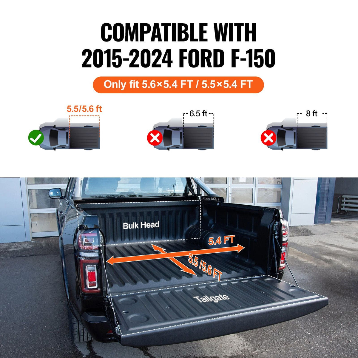 Tri-Fold Truck Bed Tonneau Cover, Compatible with 2015-2024 Ford F-150, Lightning, Styleside 5.5' (65.4") Bed, Fit 5.6' x 5.4'/5.5' x 5.4' (67.1" x 65.2"/65.4" x 65.2") Inside Bed, 400lbs, Black
