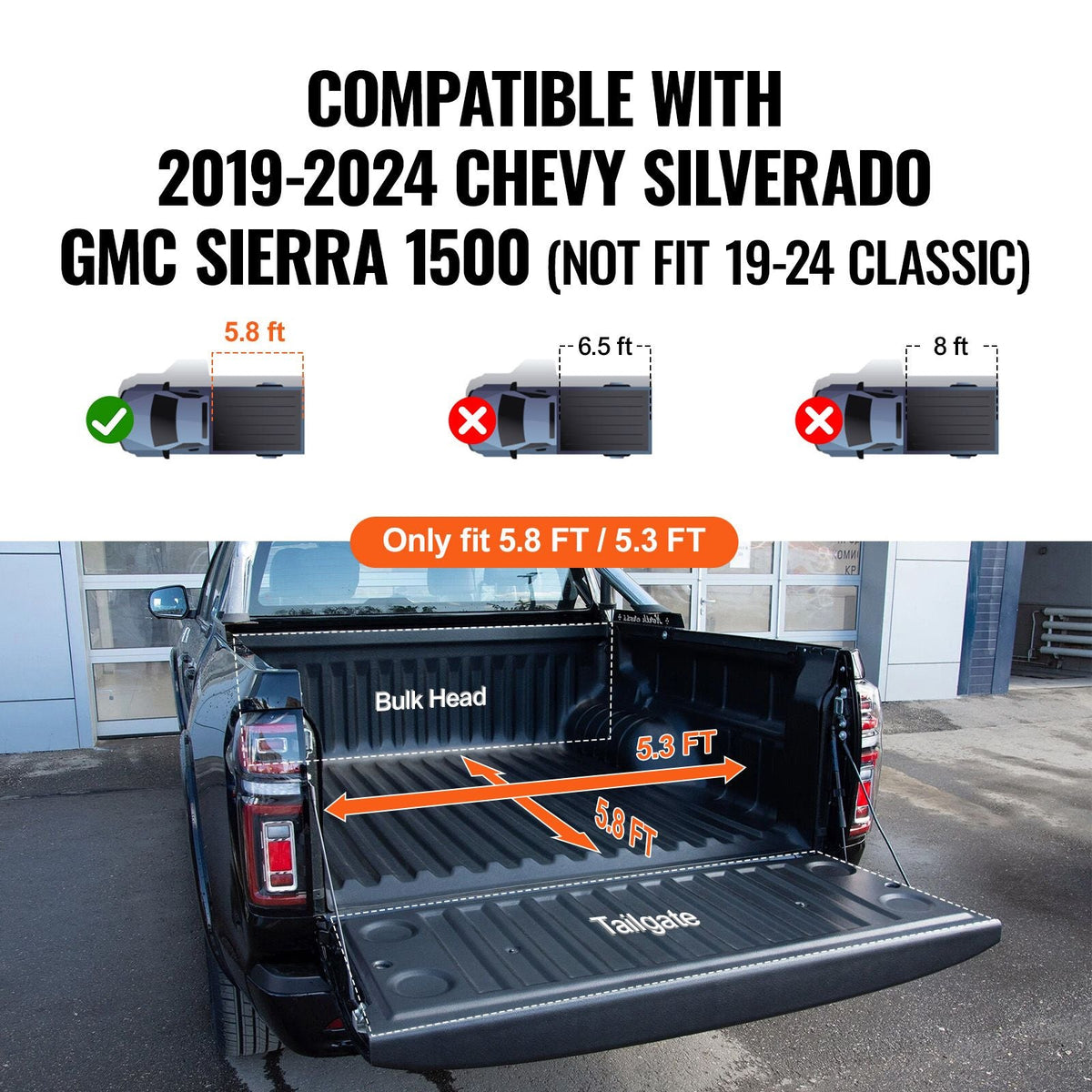 Tri-Fold Truck Bed Tonneau Cover, Compatible with 2019-2024 Chevy Silverado GMC Sierra 1500 (NOT FIT 19-24 Classic) 5'8" Bed, Fit 5.8' x 5.3' (70" x 63.3") Inside Bed, 400 lbs Capacity, Black