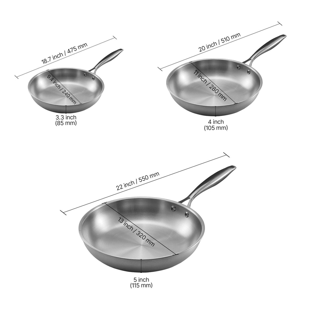 Tri-Ply Stainless Steel Frying Pan, 3 Pcs Set (8, 10, 12 in), Cooking Skillet with Heat-Resistant Handle, Chef's Kitchen Cookware, Oven, Gas, Electric, Induction, Dishwasher Compatible, Silver