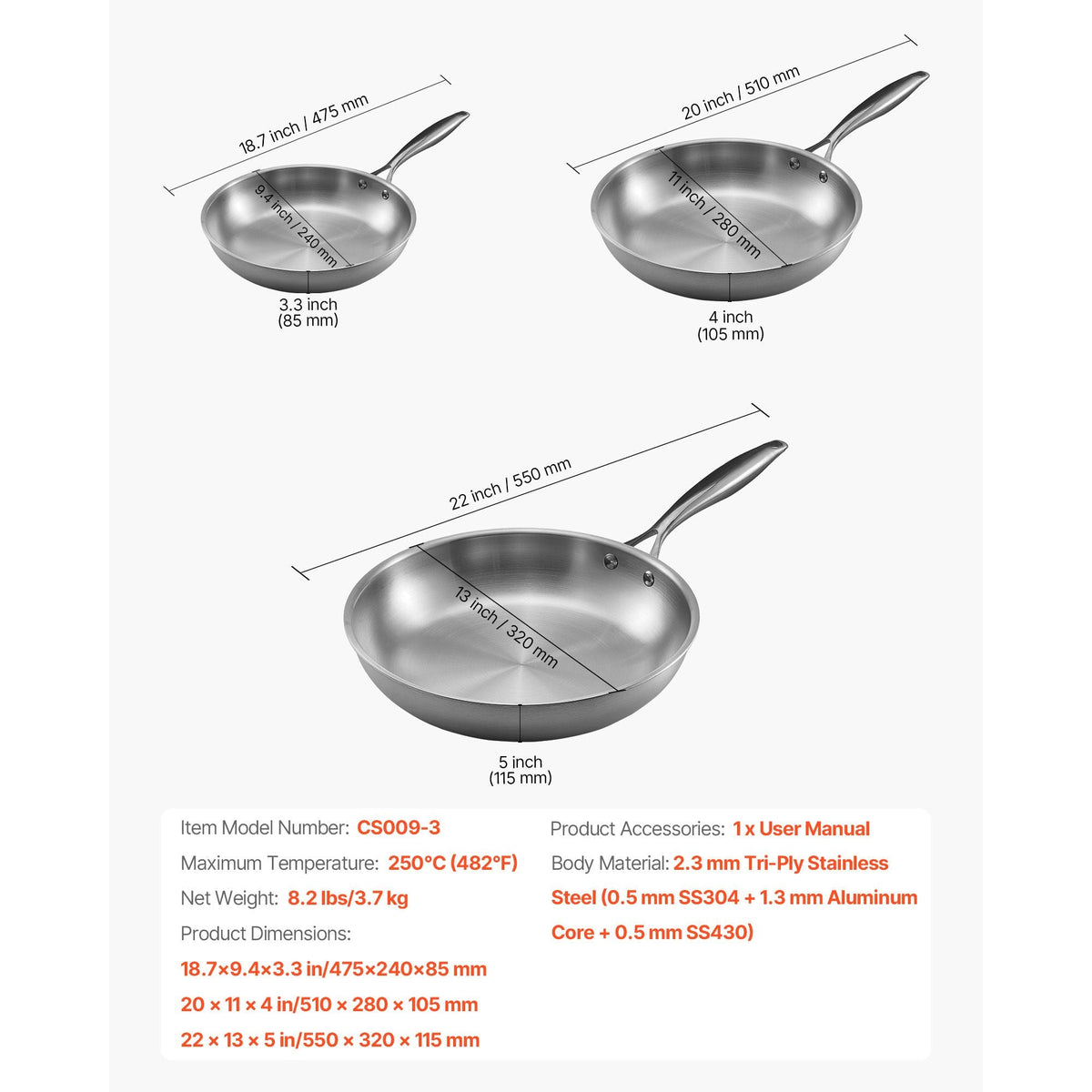 Tri-Ply Stainless Steel Frying Pan, 3 Pcs Set (8, 10, 12 in), Cooking Skillet with Heat-Resistant Handle, Chef's Kitchen Cookware, Oven, Gas, Electric, Induction, Dishwasher Compatible, Silver