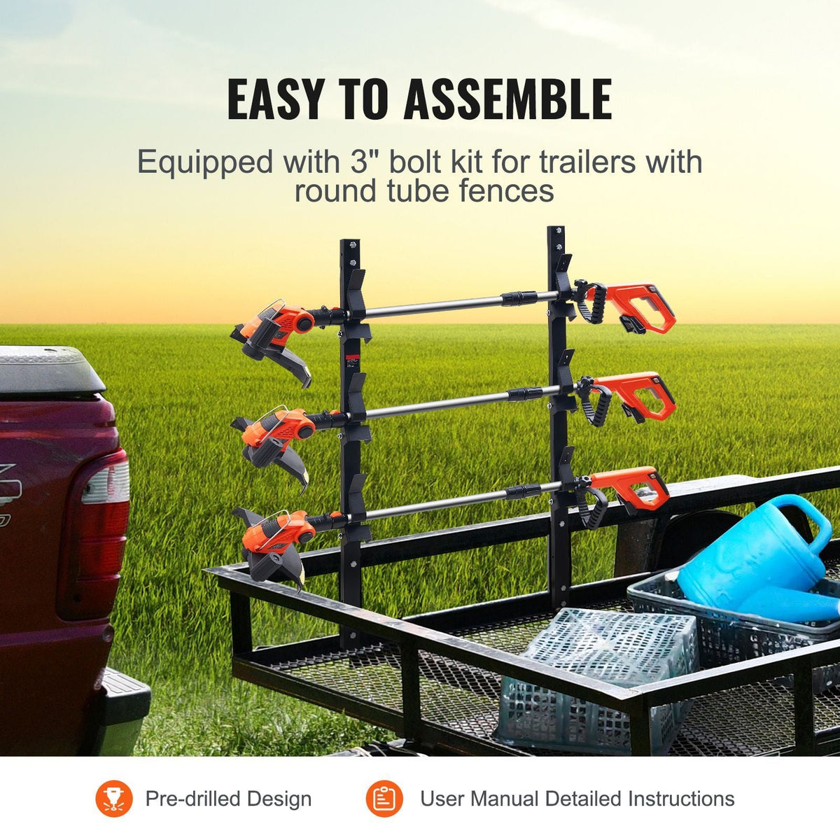 Trimmer Rack, 3 Place Weeder Trimmer Rack, Trim Holder Trailer Rack with Zinc Alloy Password Lock, Wall-mounted or Mount on Enclosed Trailer Landscape Weed Eater, Pair
