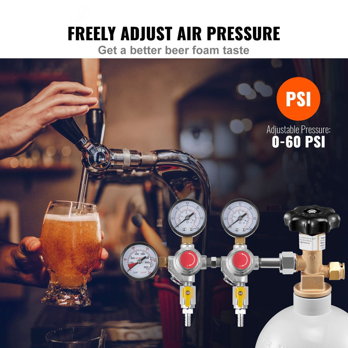 Triple Gauge Regulator, CO2 Regulator Gauge with 0-60PSI, Heavy Duty CO2 Gauge Gas System, Draft Beer Regulator with Check Valve, Adjustable Pressure Regulator for Draft Beer Homebrew, CGA320