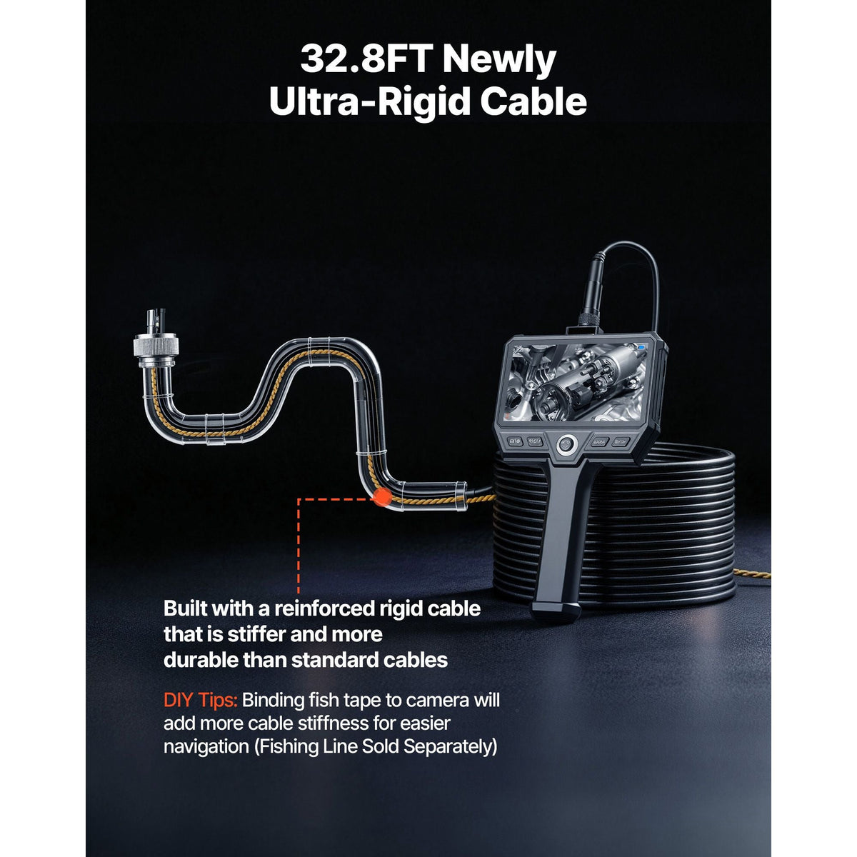 Triple Lens Endoscope with 32.8FT Newly Ultra-Rigid Cable, Industrial Borescope with Light, 5" HD IPS Screen, 8 + 2 Lights, 8X Zoom, 5000mAh, IP67 Waterproof Snake Camera for Auto, Plumbing