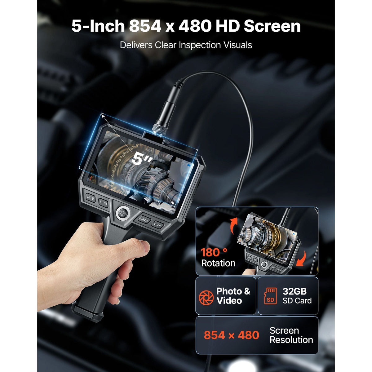 Triple Lens Endoscope with 32.8FT Newly Ultra-Rigid Cable, Industrial Borescope with Light, 5" HD IPS Screen, 8 + 2 Lights, 8X Zoom, 5000mAh, IP67 Waterproof Snake Camera for Auto, Plumbing