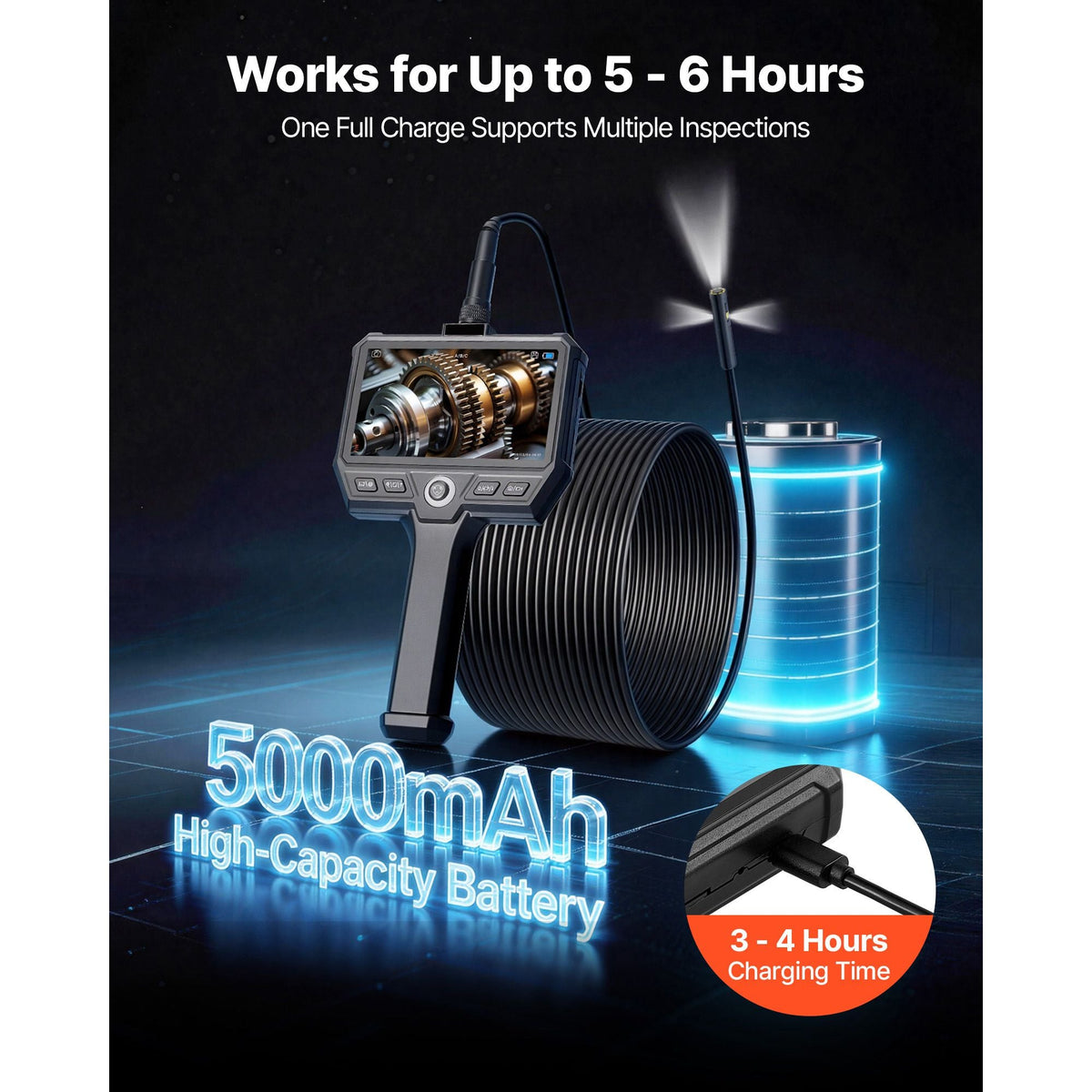 Triple Lens Endoscope with 32.8FT Newly Ultra-Rigid Cable, Industrial Borescope with Light, 5" HD IPS Screen, 8 + 2 Lights, 8X Zoom, 5000mAh, IP67 Waterproof Snake Camera for Auto, Plumbing