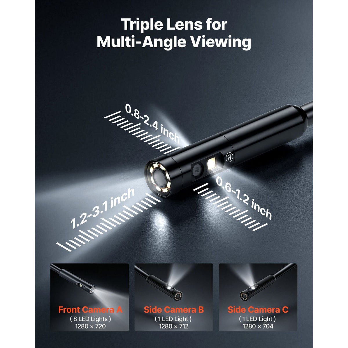 Triple Lens Endoscope with 32.8FT Newly Ultra-Rigid Cable, Industrial Borescope with Light, 5" HD IPS Screen, 8 + 2 Lights, 8X Zoom, 5000mAh, IP67 Waterproof Snake Camera for Auto, Plumbing